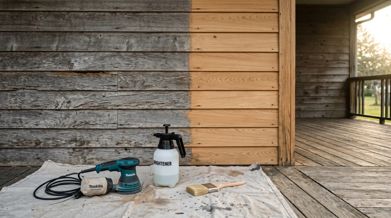 Cedar siding wall split between badly weathered grey wood and freshly restored honey-tan sound wood, with a sander and brightener sprayer on a drop cloth