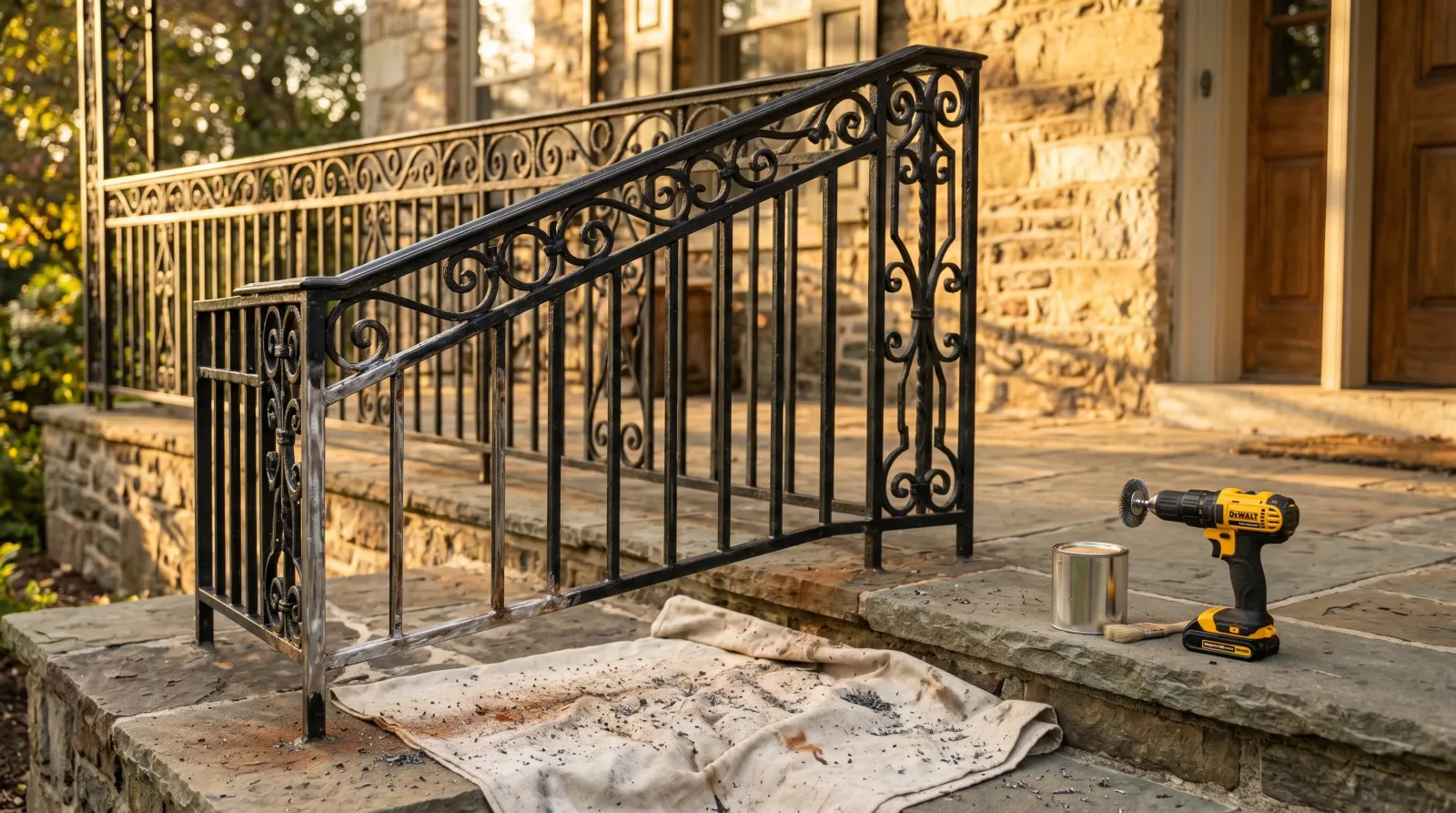 Black wrought-iron porch railing mid-restoration, lower scrollwork section wire-wheeled to bright steel with phosphoric-acid converter visible on residual rust