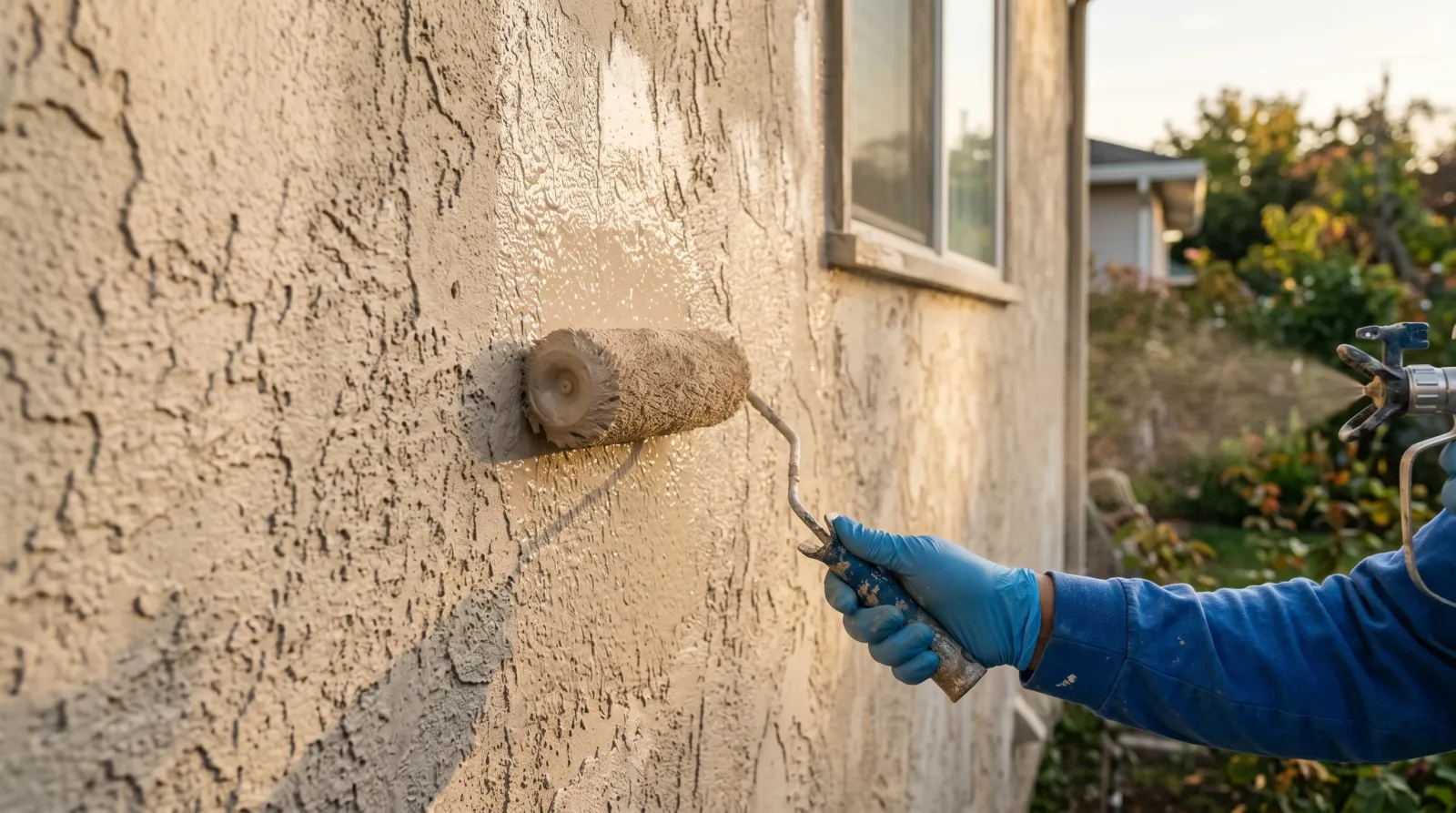 Painter back-rolling freshly sprayed beige paint into stucco wall texture, raking sunlight showing the worked-in film