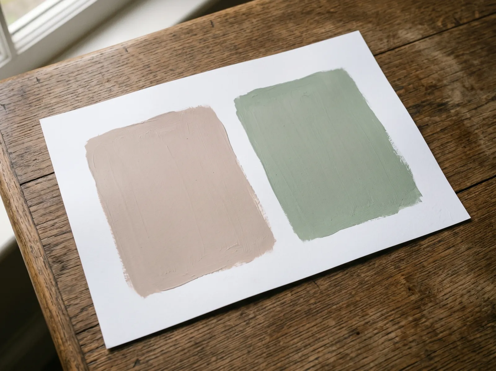 Two greige swatches against pure white paper, one reading warm and pink, one cool and green