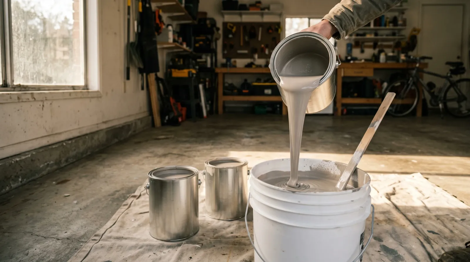 Three open gallons of identical interior paint being poured into a 5-gallon bucket on a garage drop cloth, late afternoon light