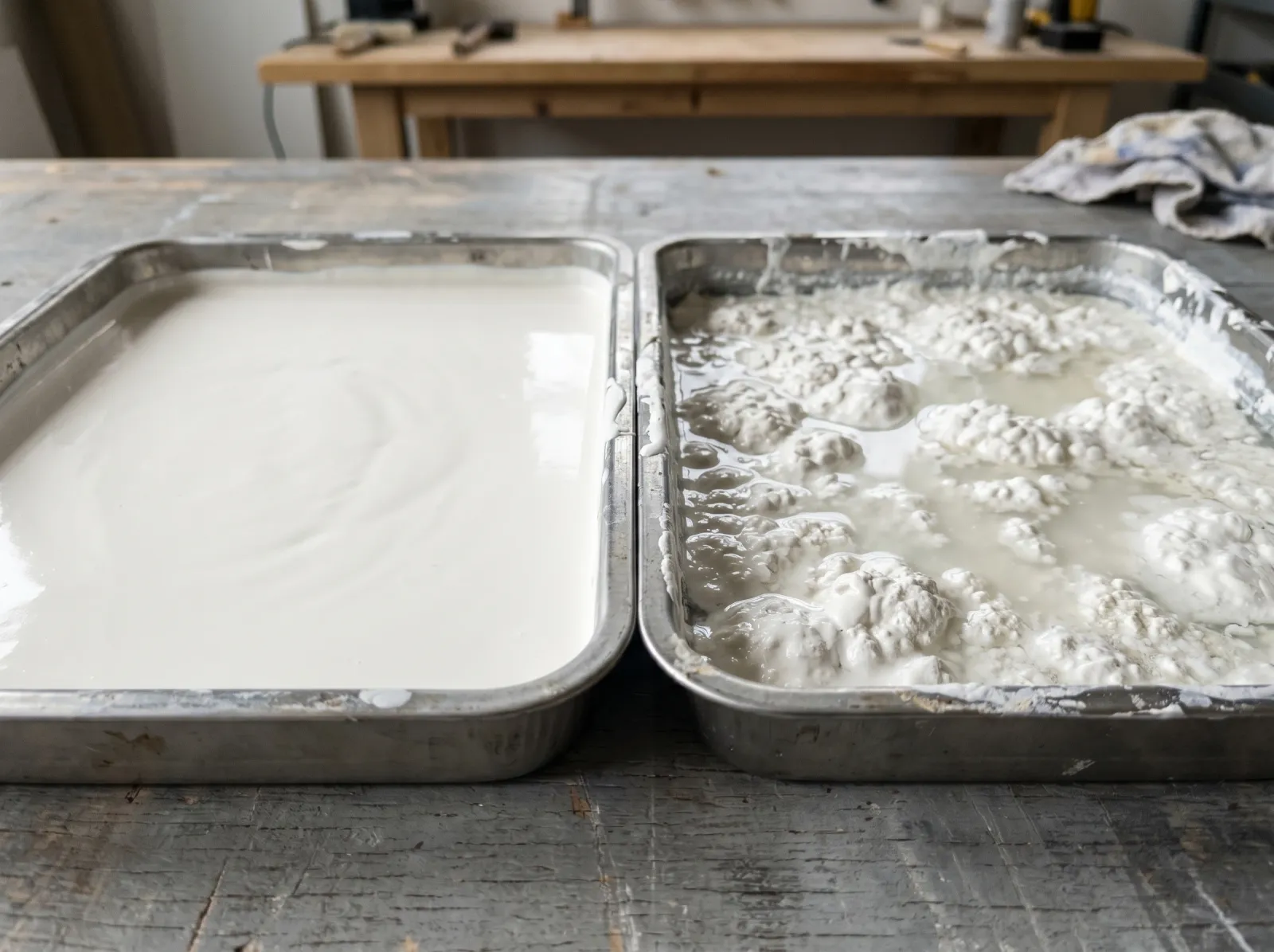Smooth latex paint beside curdled, grainy paint with separated lumps after freezing