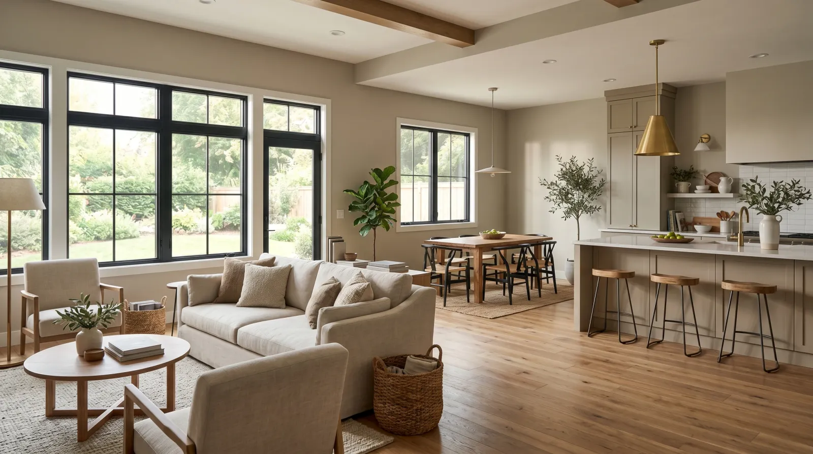 Open-plan living, dining, and kitchen sharing one warm greige wall color in afternoon light