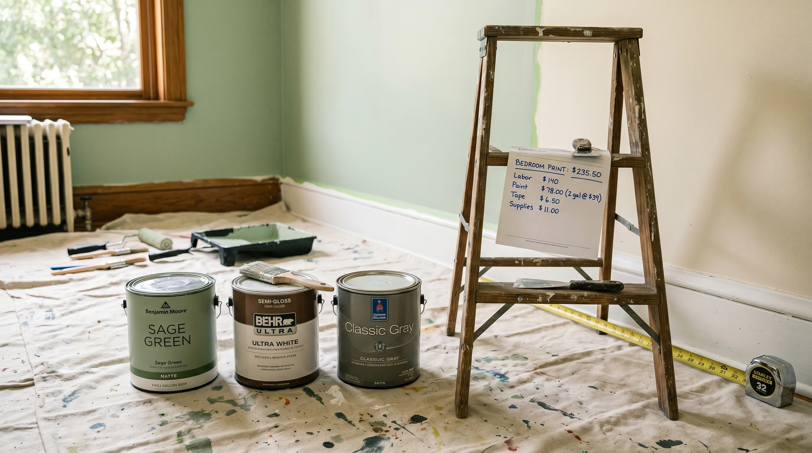 Three paint cans, a tape measure along the wall, and a handwritten estimate sheet on a ladder step
