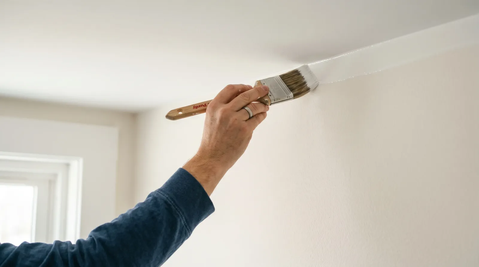 Painter's hand cutting in along a wall-ceiling line with an angled 2.5-inch sash brush, fresh white paint trailing behind the bristles