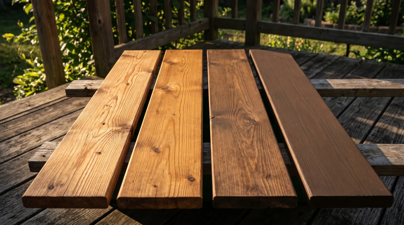 Four cedar deck boards finished in progressively heavier stain opacities from clear to solid