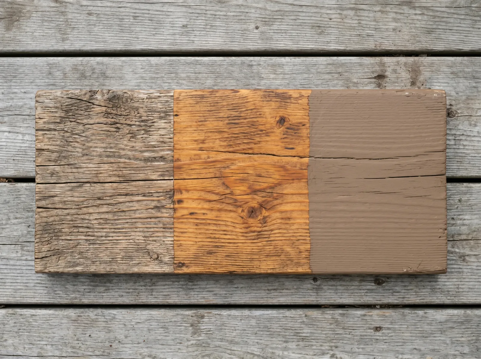 One deck board showing transparent, semi-transparent, and solid stain side by side