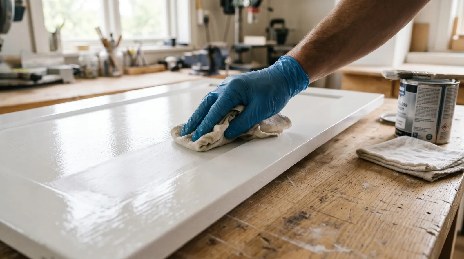Gloved hand wiping liquid deglosser across a glossy cabinet door, leaving a dull matte band beside the still-shiny surface