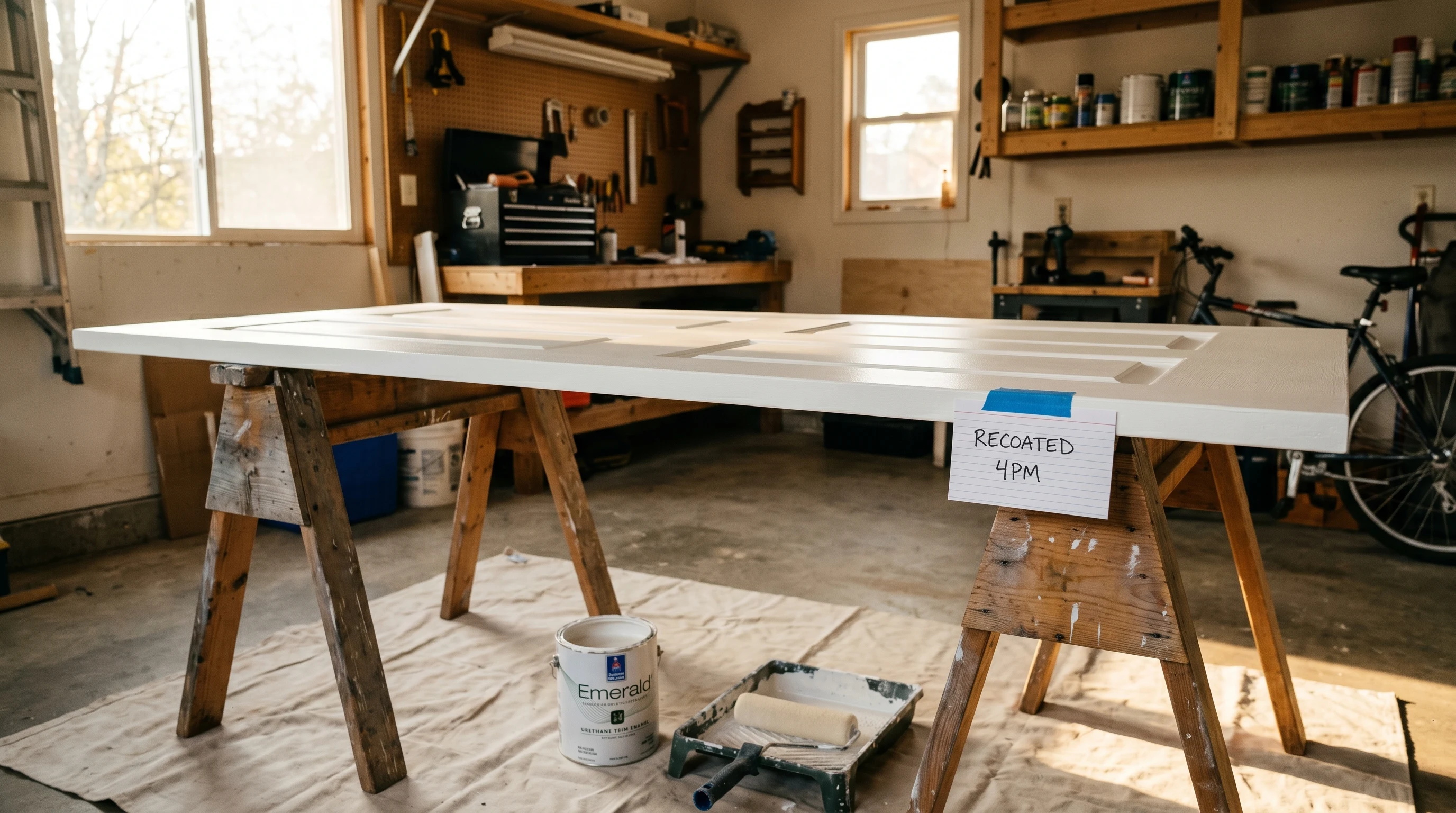 Freshly painted white door drying on sawhorses in a garage workshop with a recoat-time card and paint can on a drop cloth