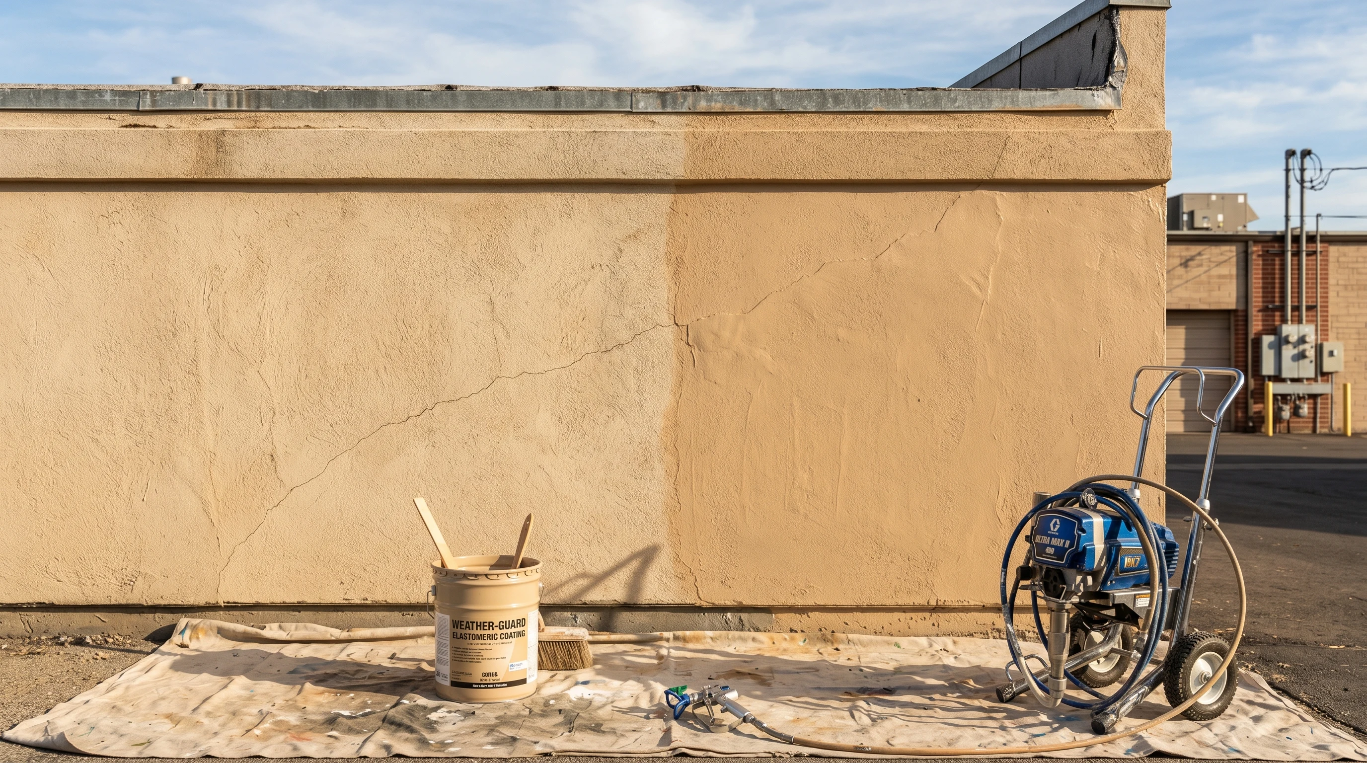 Stucco wall half-coated in elastomeric paint that bridges a hairline crack, with a 5-gallon pail and airless sprayer at the base