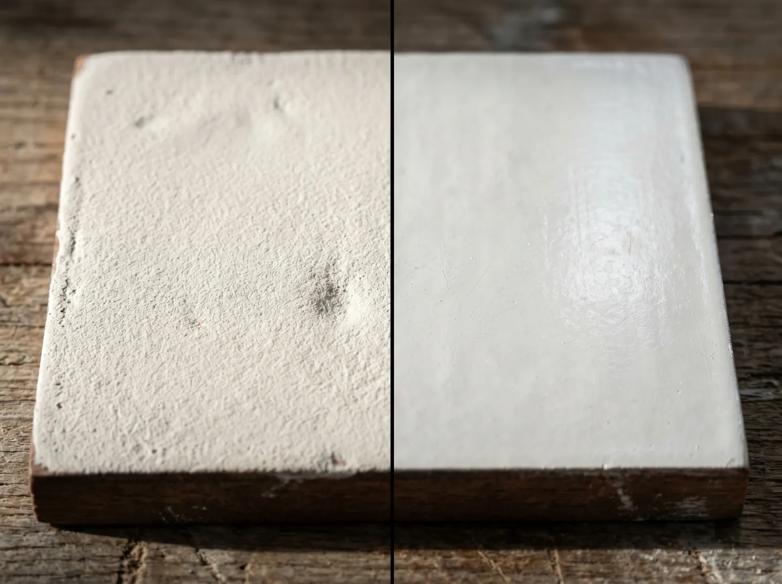 Two dried paint film panels side by side, one soft and matte, one tougher with a faint surface haze