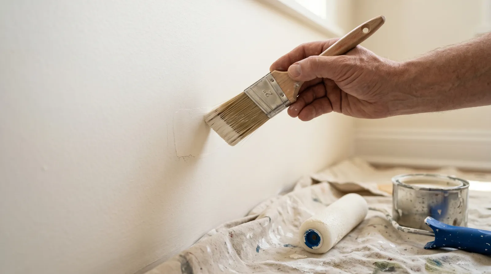 Painter feathering a touch-up brush stroke into existing wall paint, the wet edge tapering off in raking afternoon light