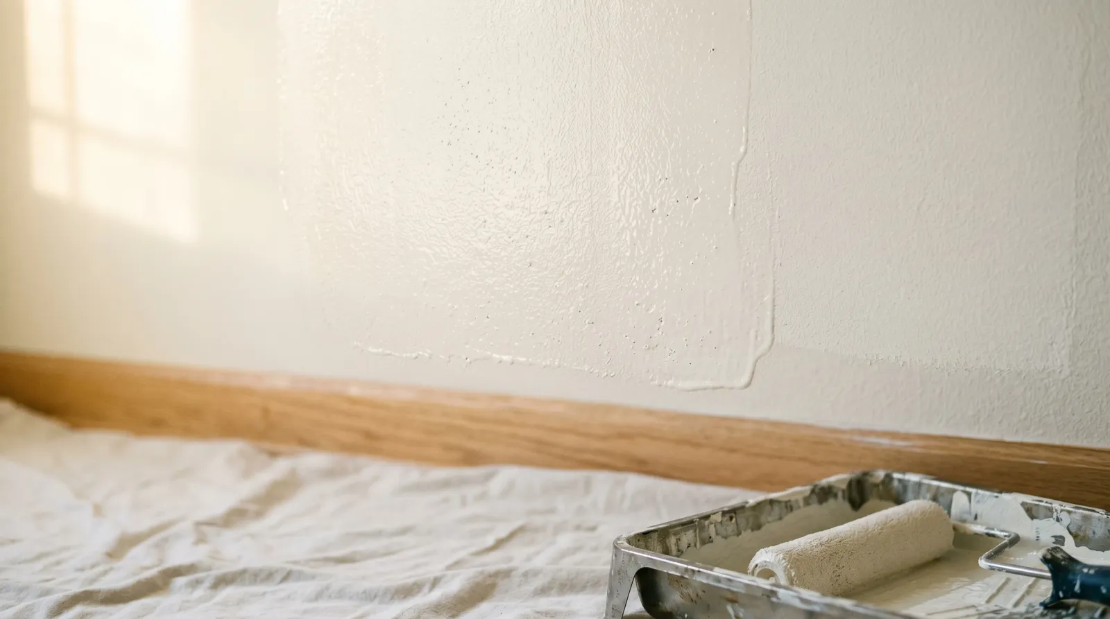 Extreme close-up of a freshly rolled interior latex paint film drying on drywall, catching warm window light