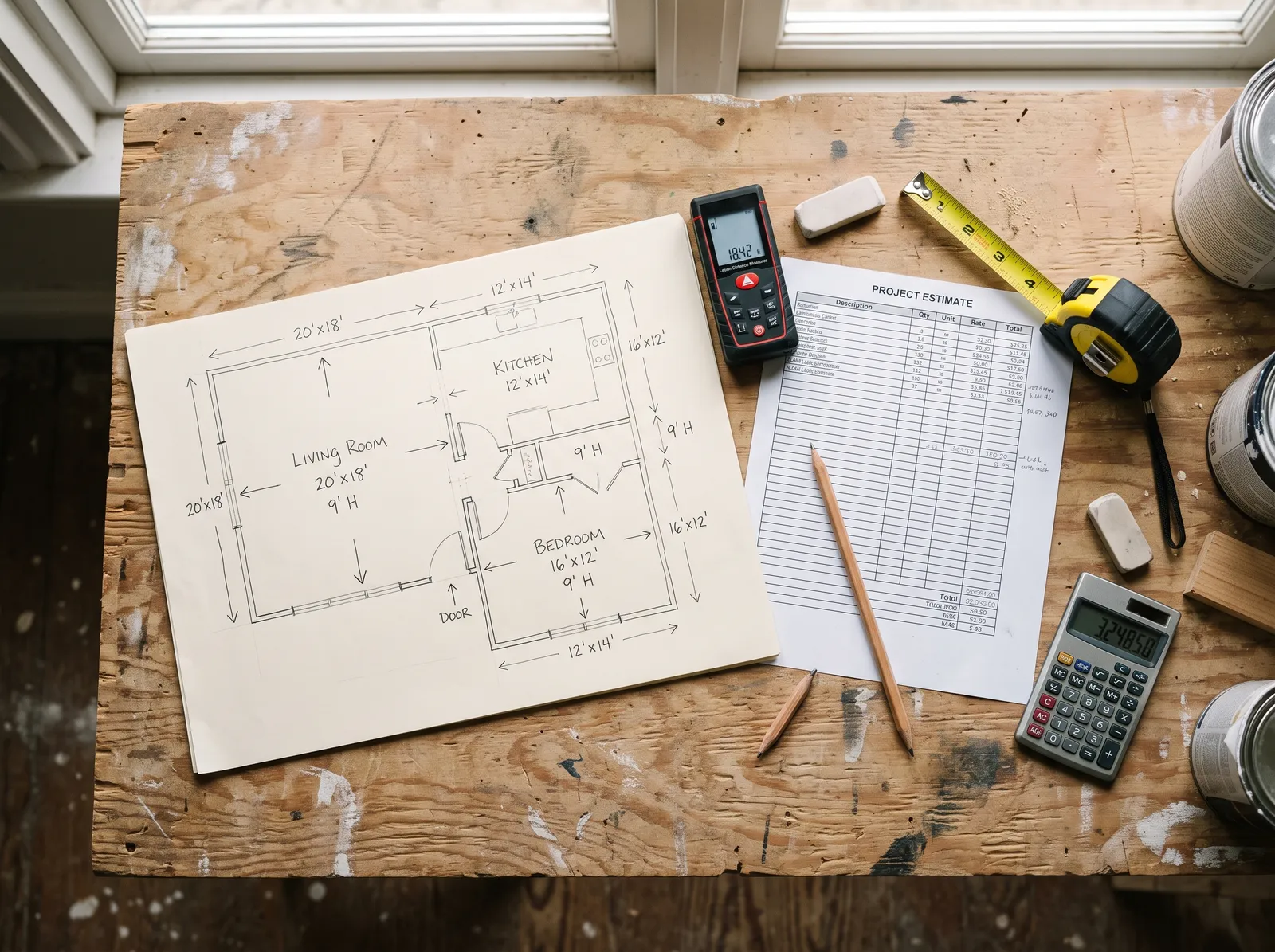 Estimating desk with a hand-sketched floor plan, laser measurer, tape, calculator and a numbers grid