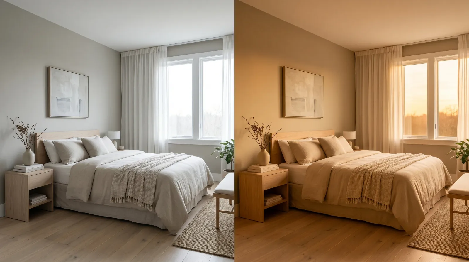 The same greige bedroom wall shown under cool north light and warm west light, reading two different colors