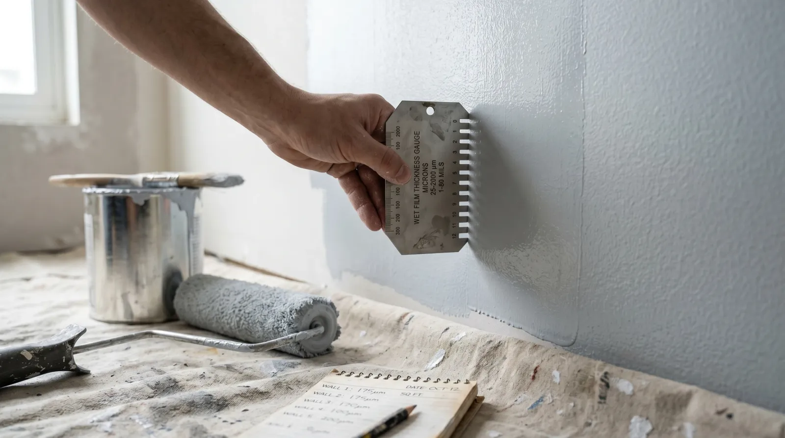 A stainless-steel wet-film thickness gauge pressed into a fresh roll-out of pale grey wall paint with a roller and gallon can nearby