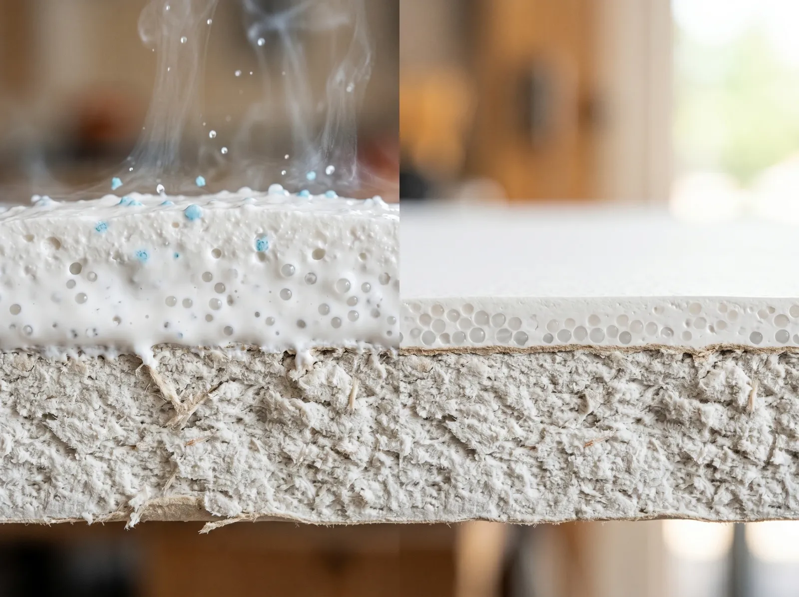Two-stage paint film: water and solvent leaving on the left, fused hard binder on the right