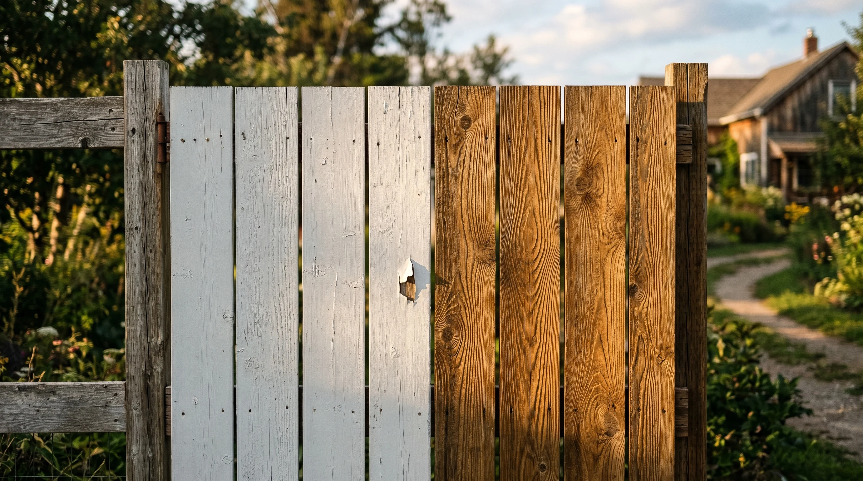 Cedar fence section, half painted opaque white with one chip lifting, half finished in semi-transparent honey stain showing the grain