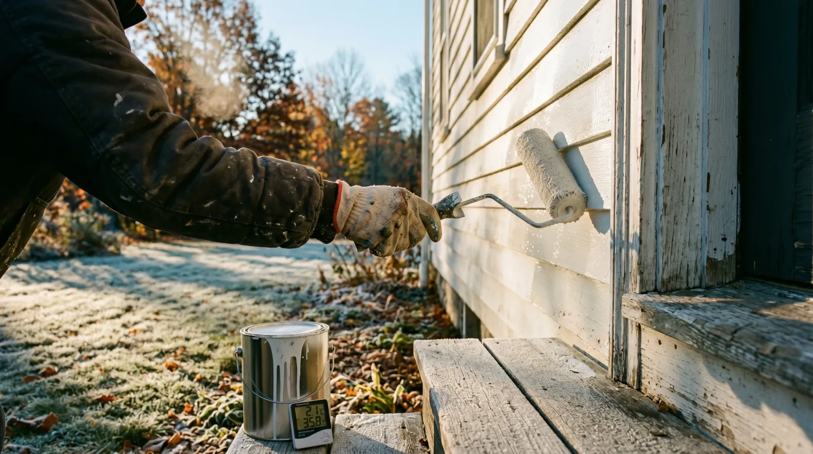 Roller against cold siding on a frosty morning with a thermometer and paint can on the step