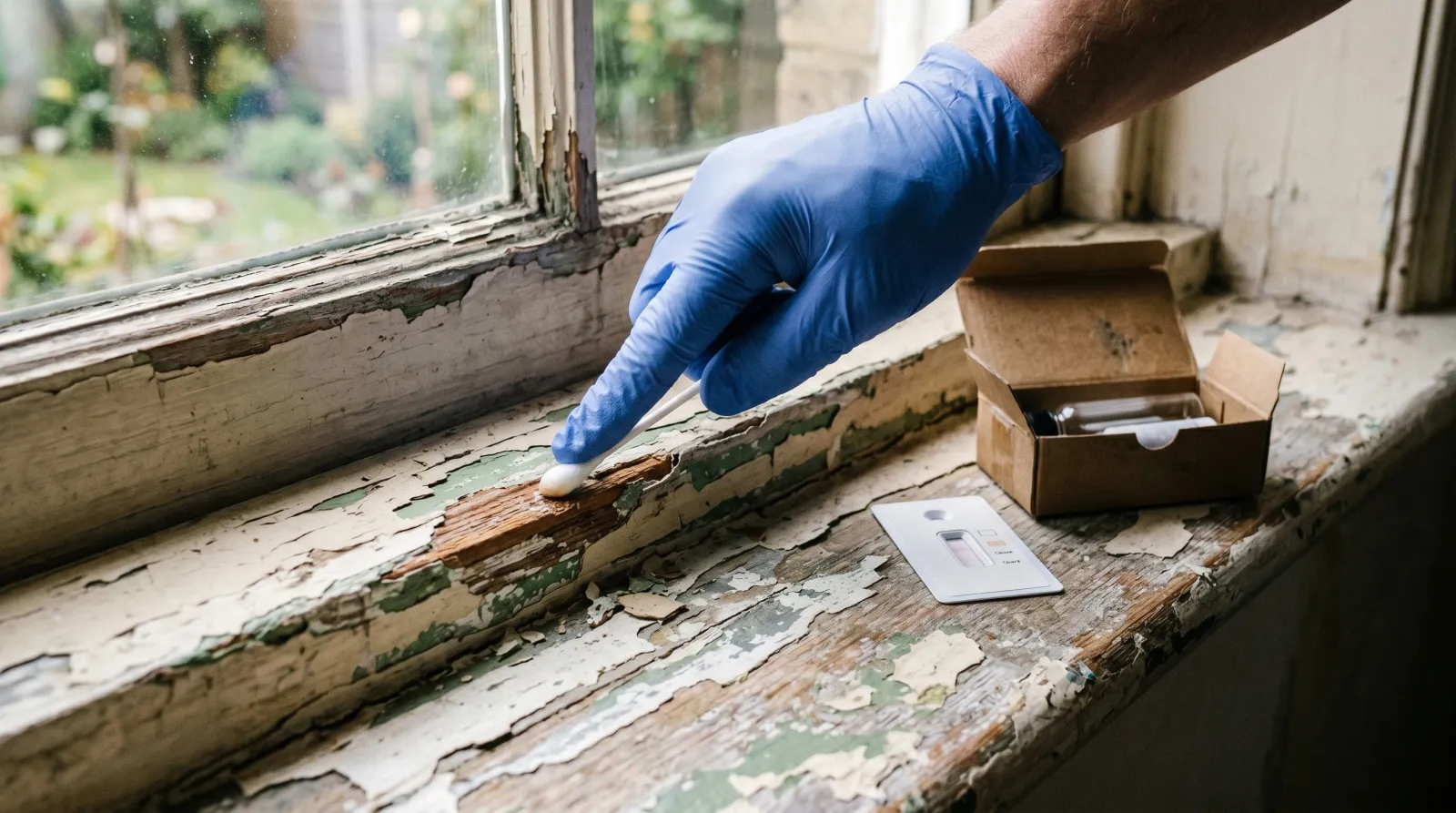Gloved hand swabbing a chipped, multi-layer painted windowsill in an older home
