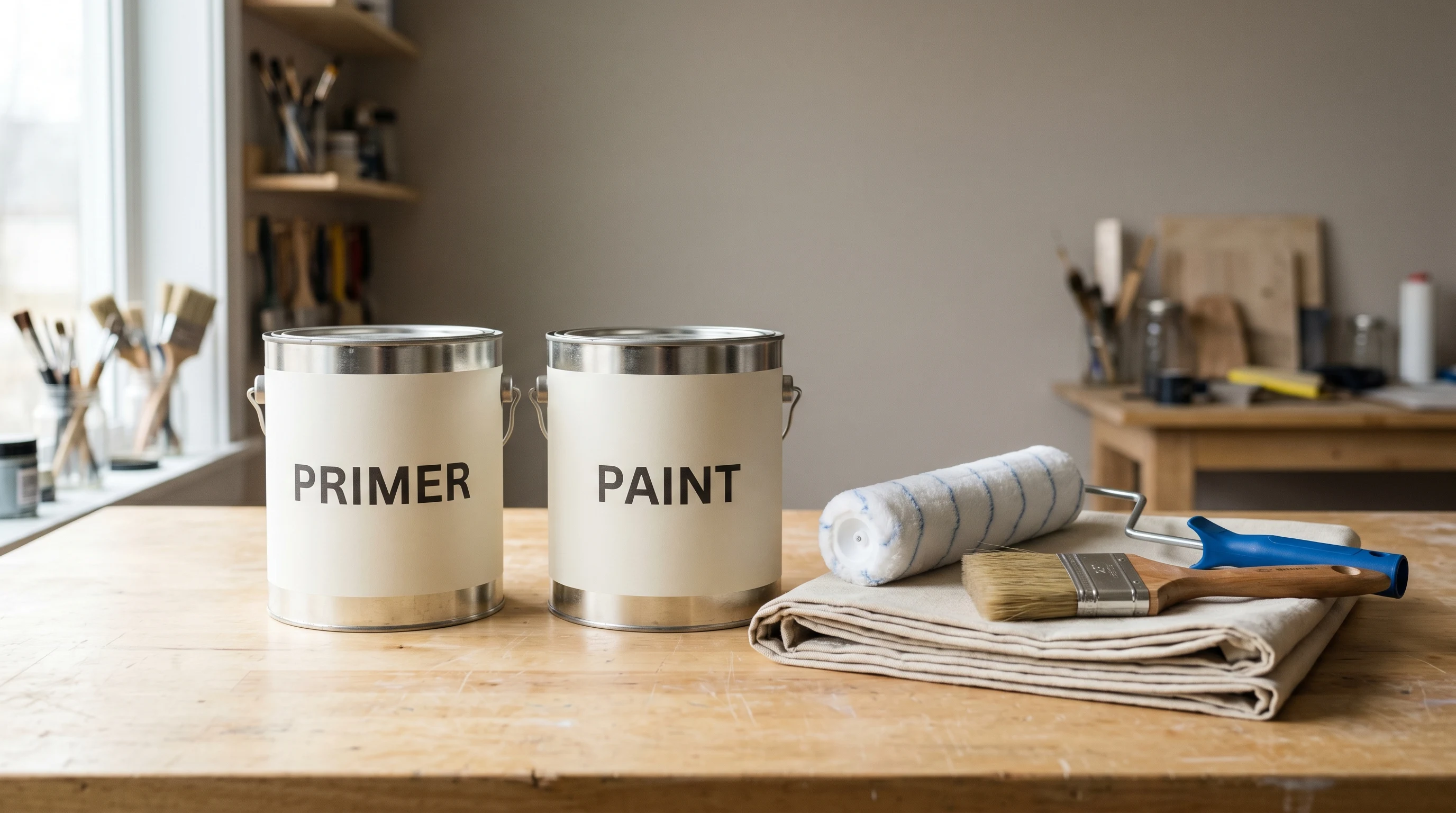Two 1-gallon cans labeled primer and paint side by side on a workbench with a roller cover and angled brush, soft north light