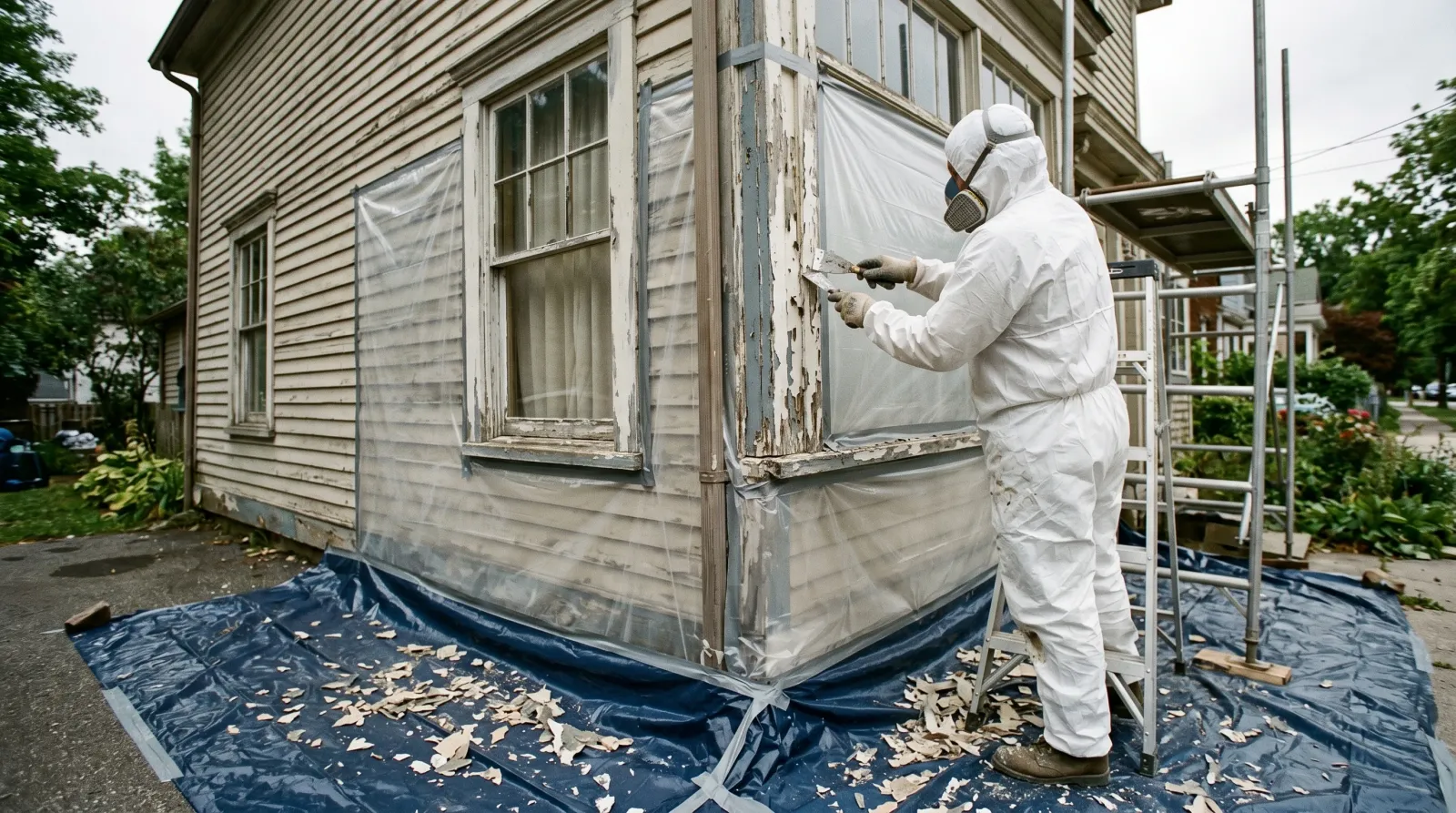 Contractor in coverall and respirator scraping old paint over plastic sheeting on a pre-1978 house