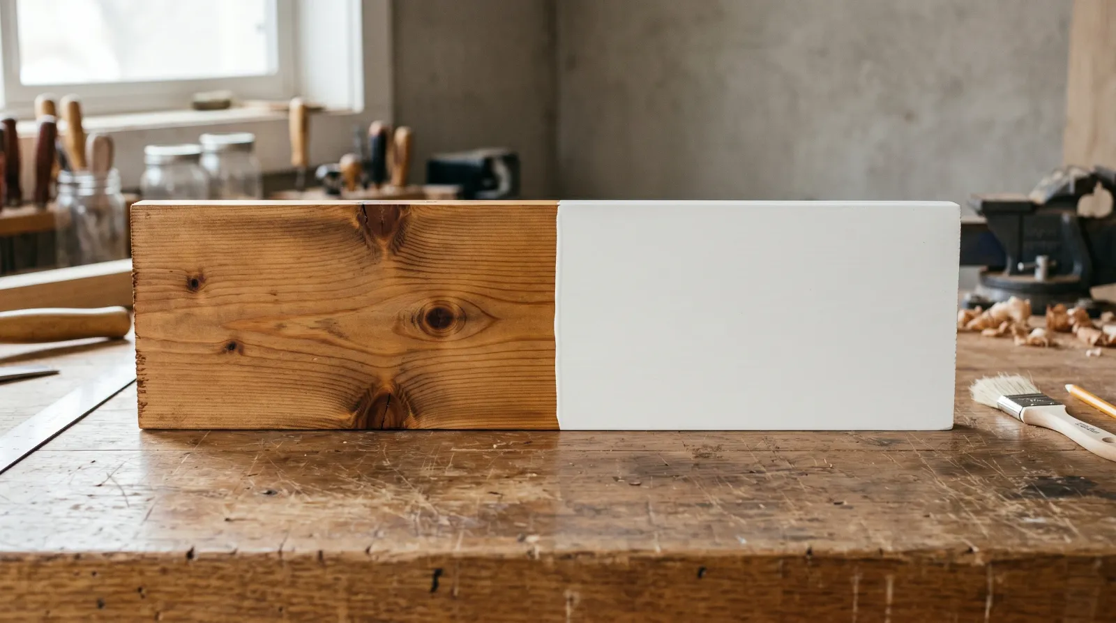 Side-by-side cedar board with penetrating amber stain on the left half showing the grain and opaque white paint film on the right half hiding it