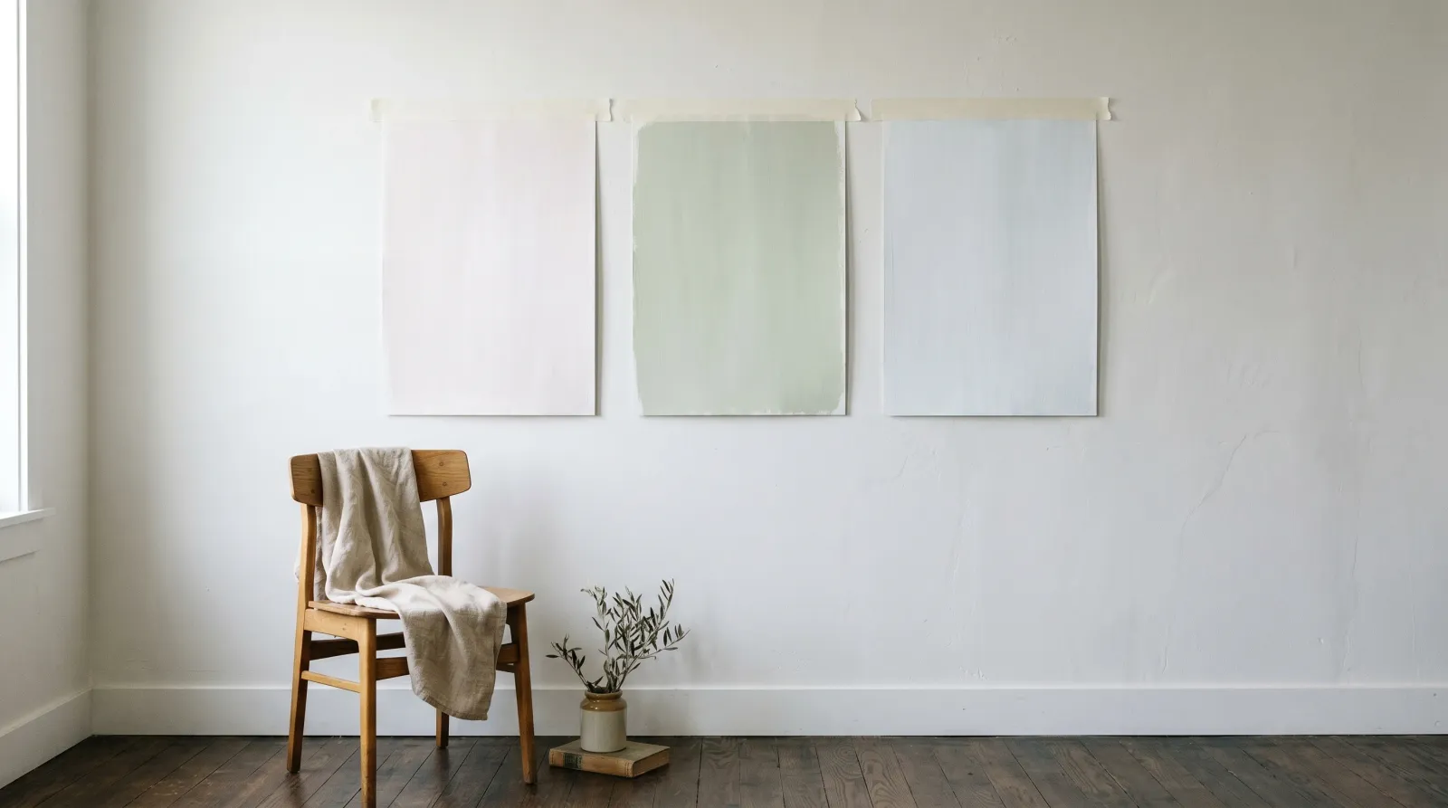 Three white paint boards on a wall, each showing a slightly different undertone in daylight