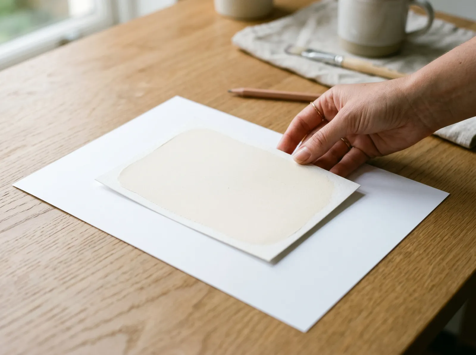 A white paint swatch next to a sheet of pure white paper, showing its warm undertone