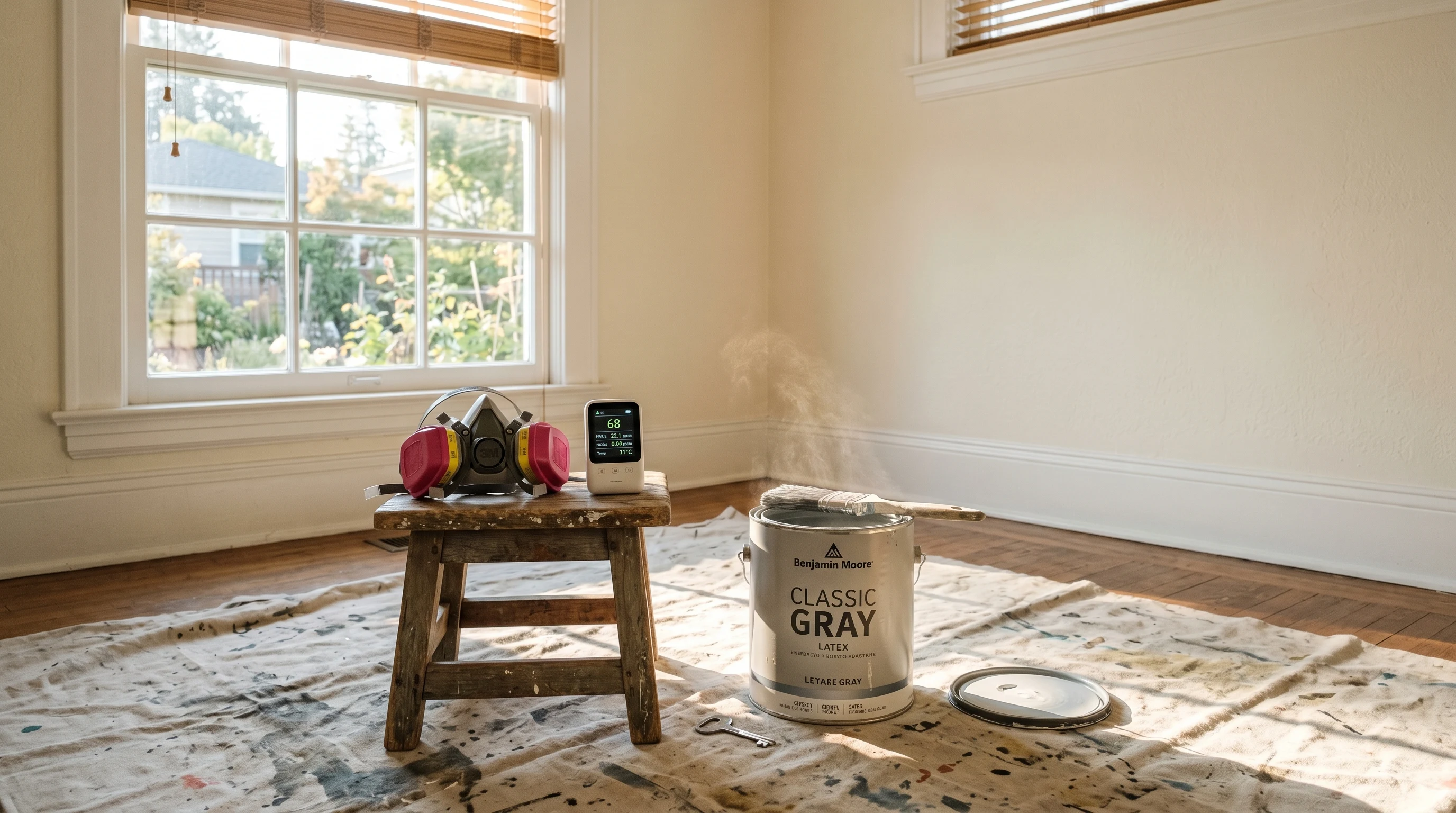 Open paint can in a sunlit bedroom with a respirator and air-quality meter on a stool