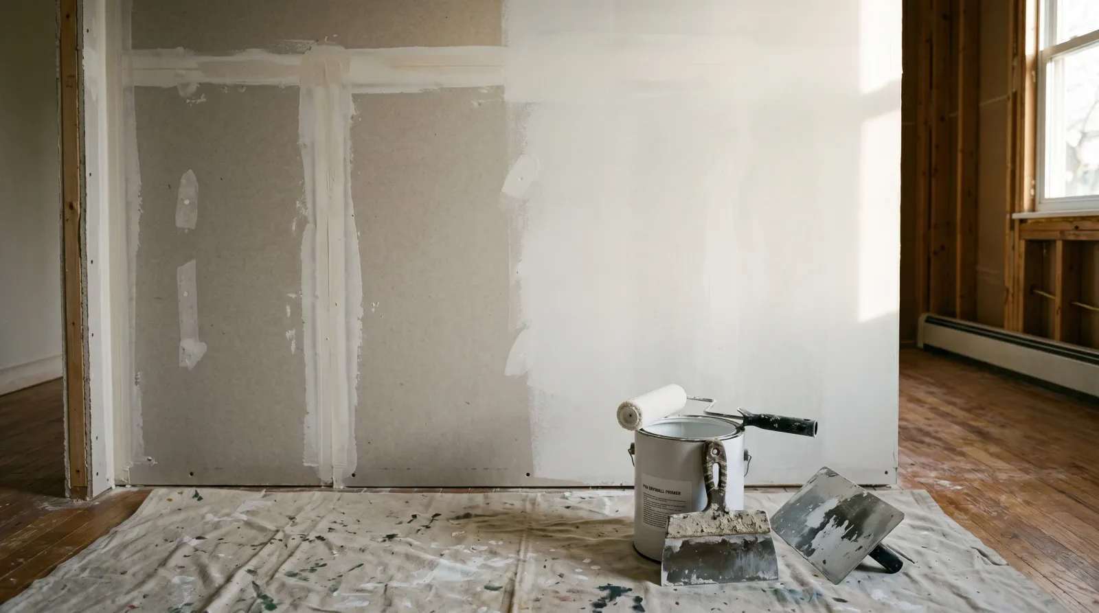 New drywall wall half-sealed with PVA primer next to an open paint can and roller on a drop cloth in a sunlit room