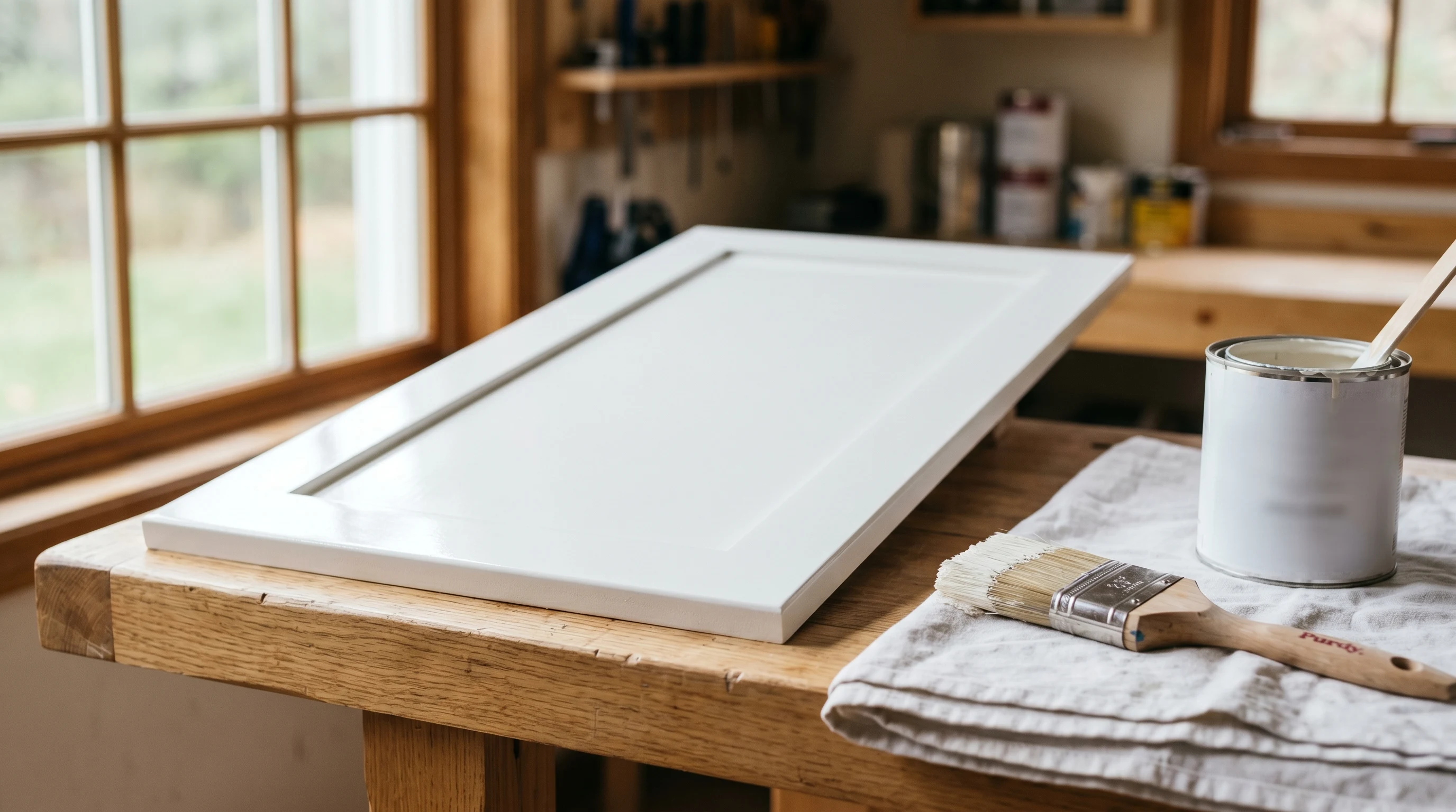 Close-up of a freshly painted glossy white cabinet door drying on a workbench, with a sash brush and an open enamel can beside it