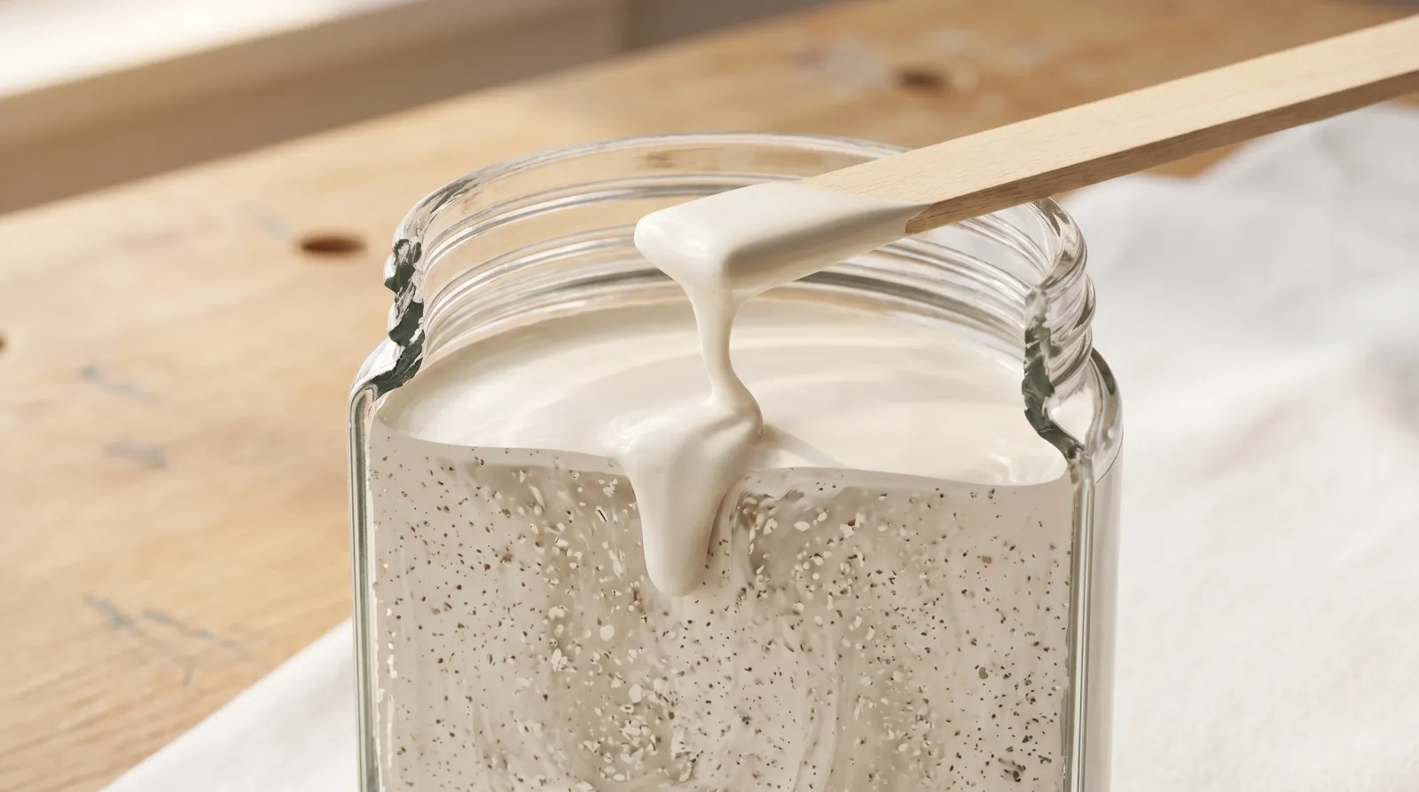 Extreme close-up of premium house paint in a clear jar, showing pigment suspended in resin binder with a stir stick and slow paint ribbon