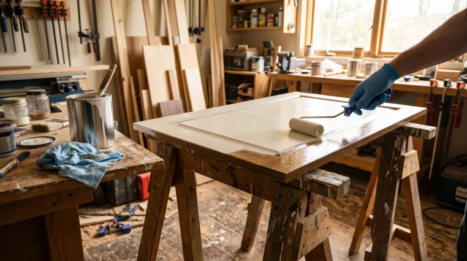 Primer being rolled onto a glossy laminate cabinet door on sawhorses in a workshop