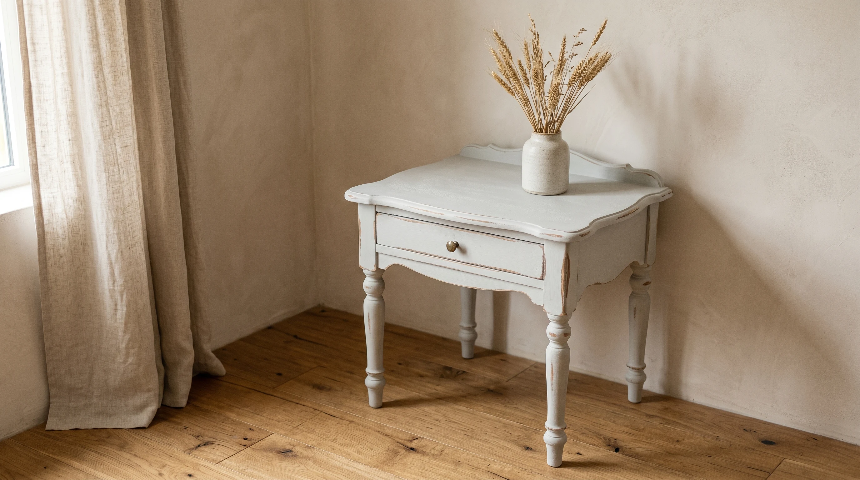 Refinished vintage side table painted in soft pale-grey chalk paint with ultra-matte finish and distressed edges in a warm sunlit interior