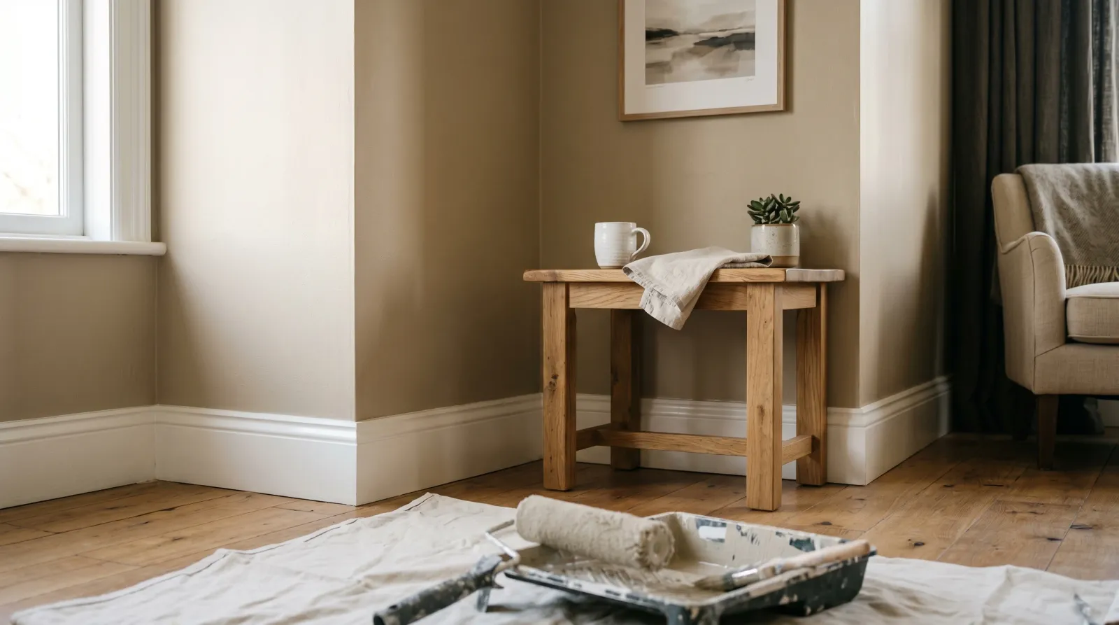 Warm putty-painted living-room corner in soft afternoon light, the eggshell finish showing a faint even glow where the side light grazes the wall
