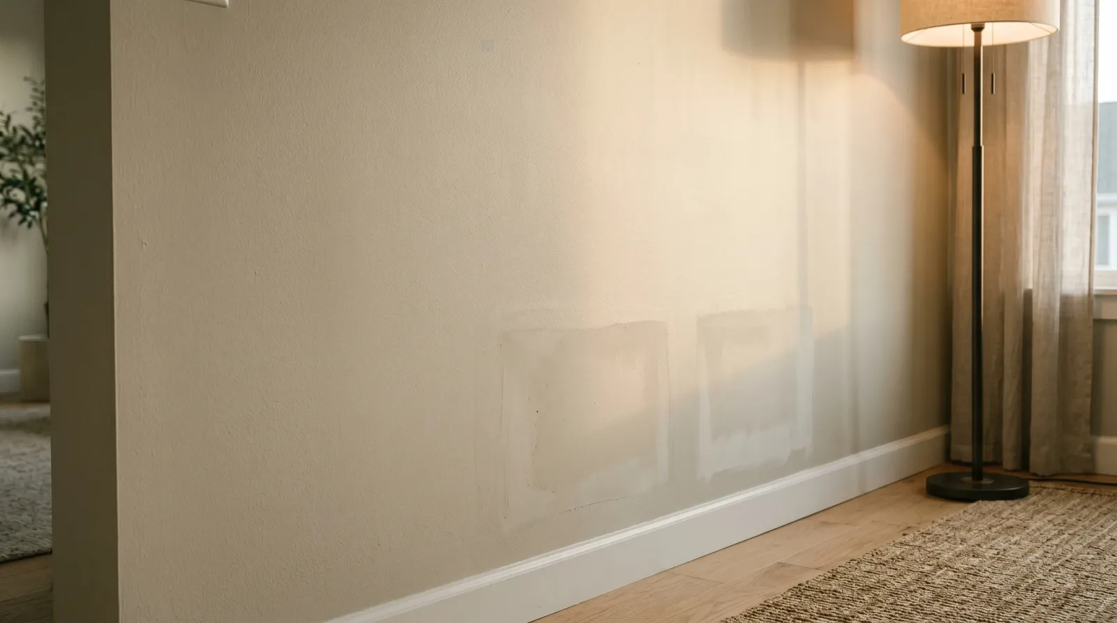 Greige interior wall under low raking light showing two duller flashing patches over drywall repairs