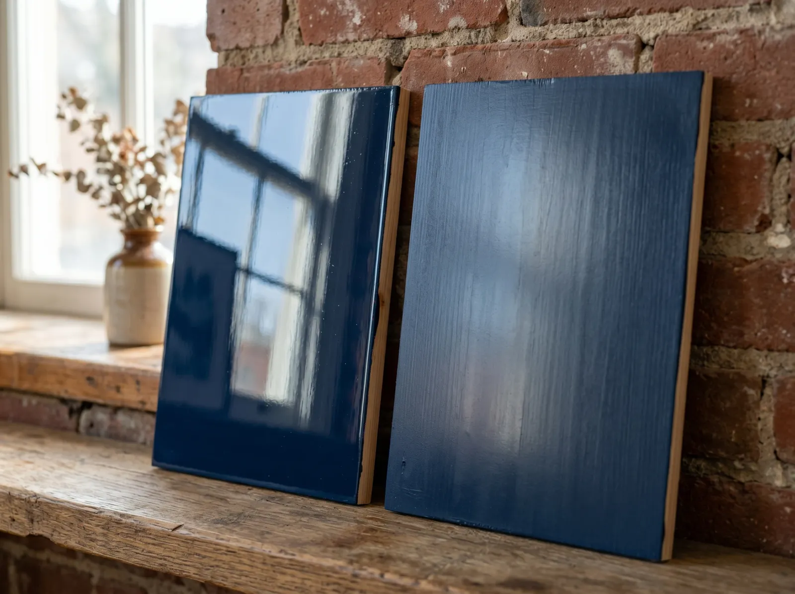 High-gloss and semi-gloss sample boards side by side in raking light