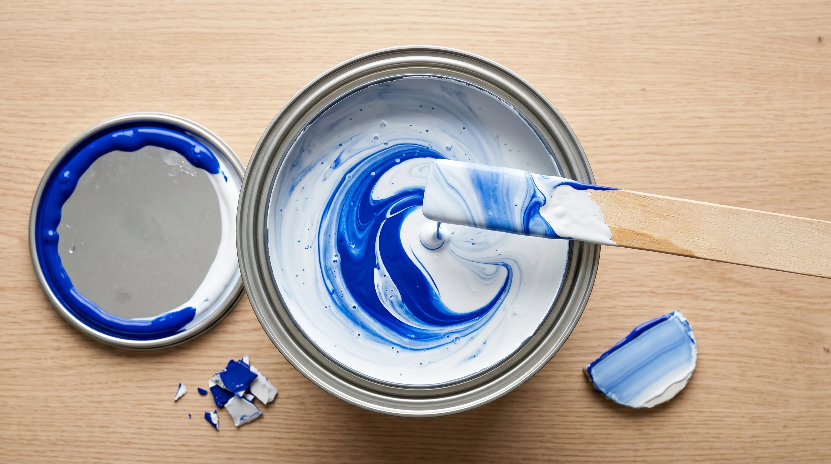 Open one-gallon paint can with a swirl of white binder emulsion folding into deep blue pigment on a wood workbench, paint stick resting across the rim