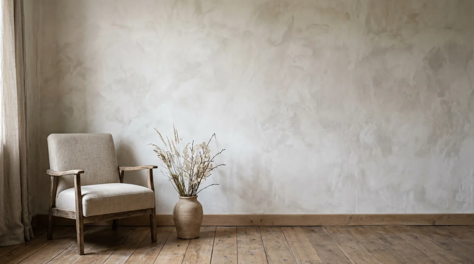 Limewashed plaster wall with soft cloudy mottling beside a linen chair in morning light