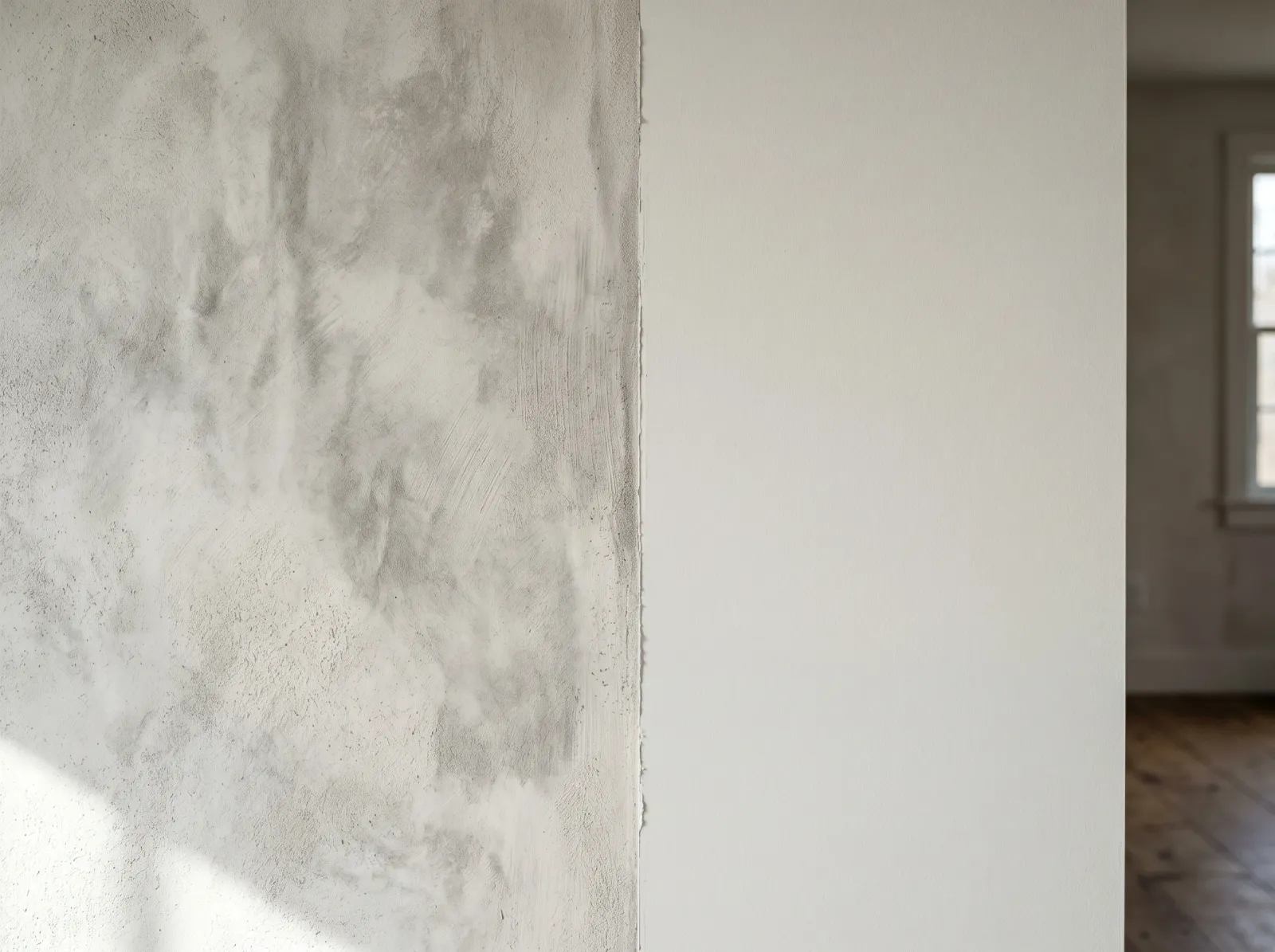 Limewash wall with cloudy movement next to a flat even latex wall in raking light
