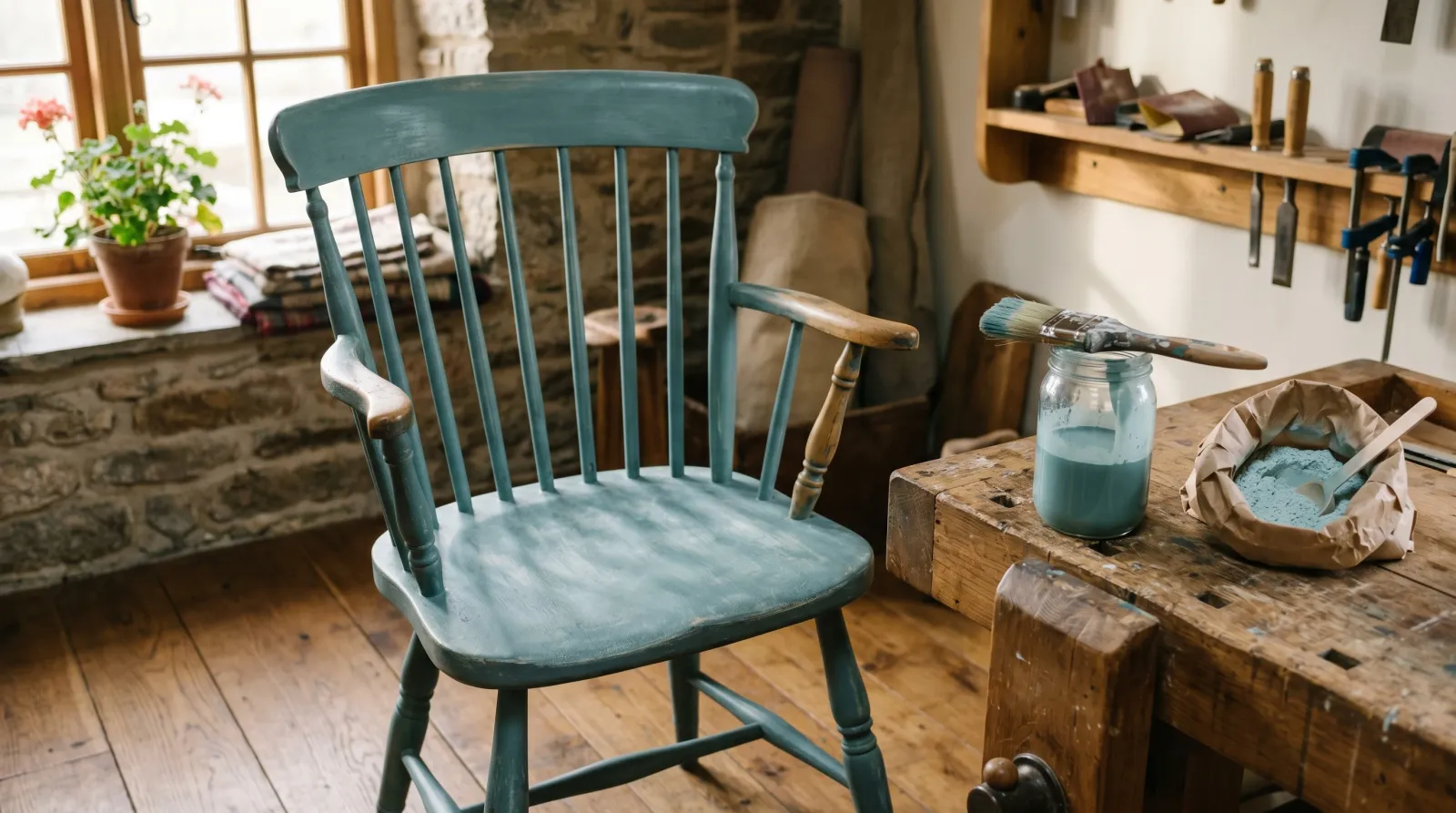 Wooden Windsor chair freshly painted in muted blue-green milk paint beside a mixing jar of paint and powder pigment on a workbench