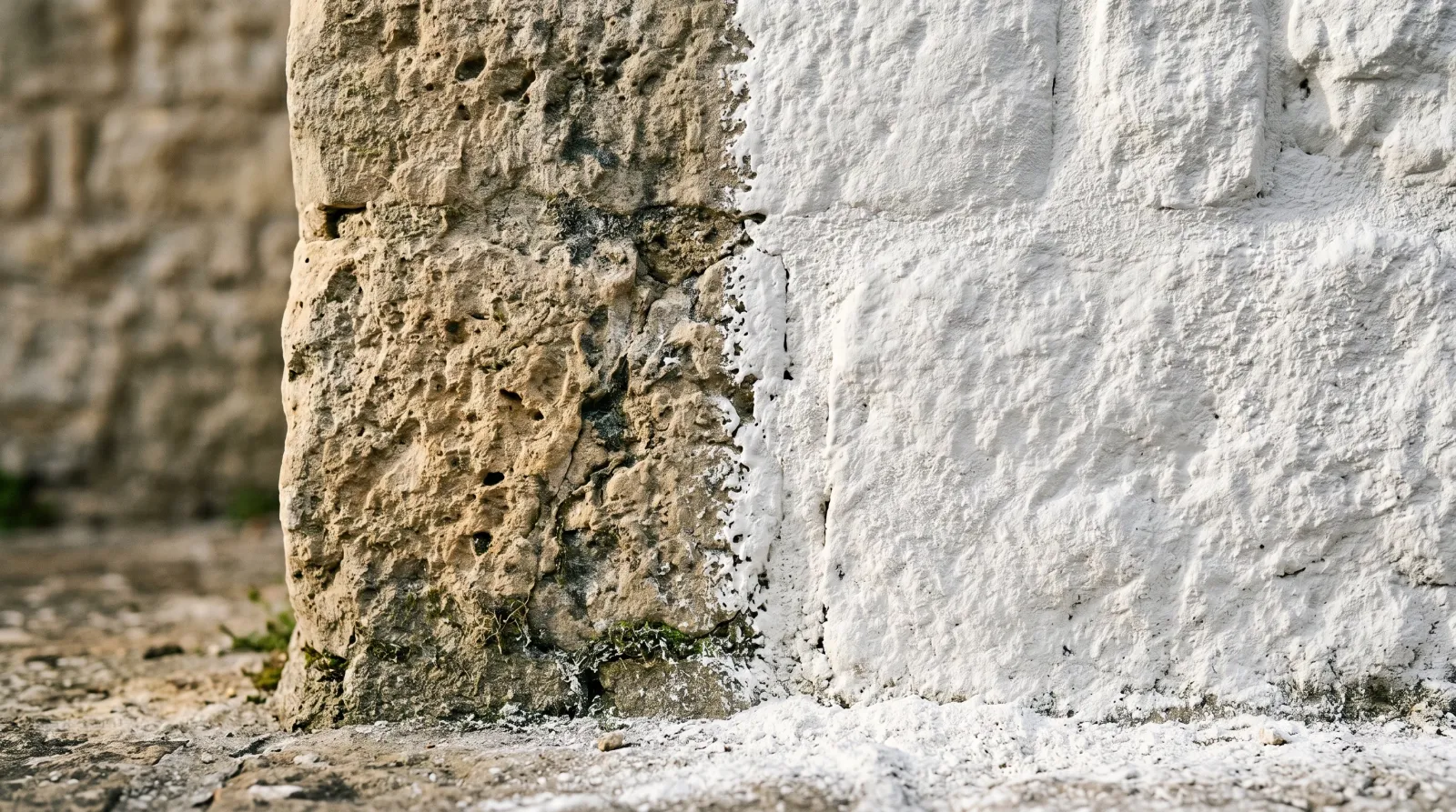 Close-up of a weathered limestone wall half-painted with matte mineral silicate paint, showing the bonded chalky finish against aged stone