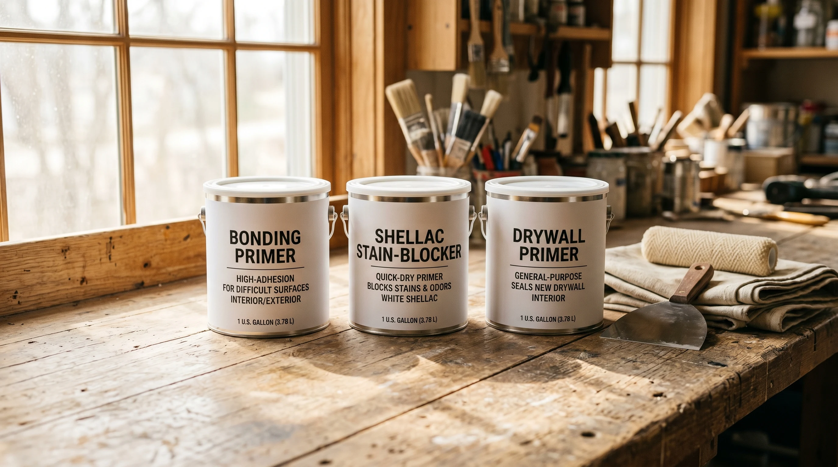Row of three white primer cans — bonding, stain-blocking, and general-purpose — on a sunlit workbench with putty knife, drop cloth, and roller cover