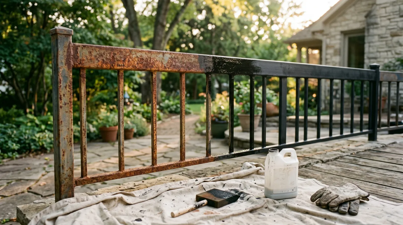 Rusted steel railing half-treated with rust converter drying to a black film