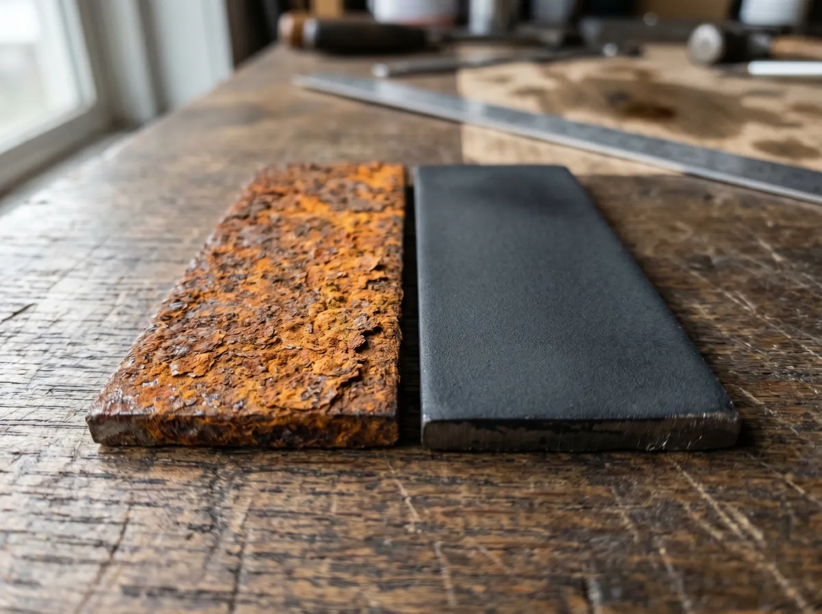 Side-by-side steel coupons showing flaky orange rust versus a smooth black converted film