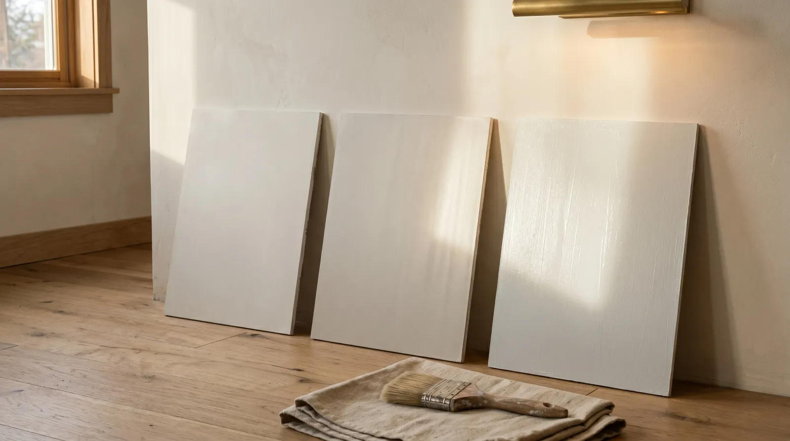 Three painted sample boards — eggshell, satin, and semi-gloss — leaning against a warm-white wall in raking afternoon light, the differing sheens visible in the side light