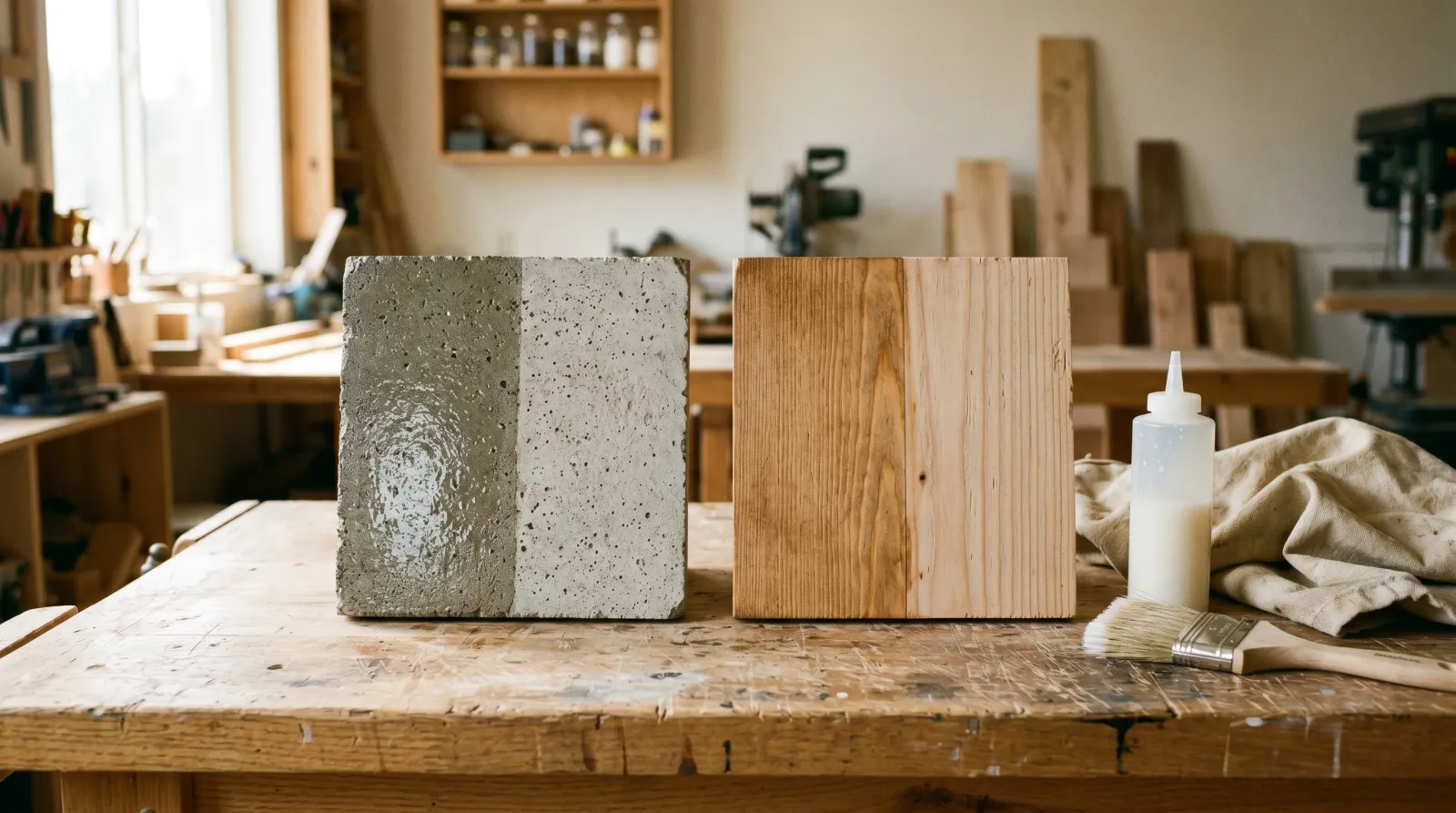 Concrete and bare-wood test panels, each half sealed and half raw, on a sunlit workbench with a bottle of sealer and a brush
