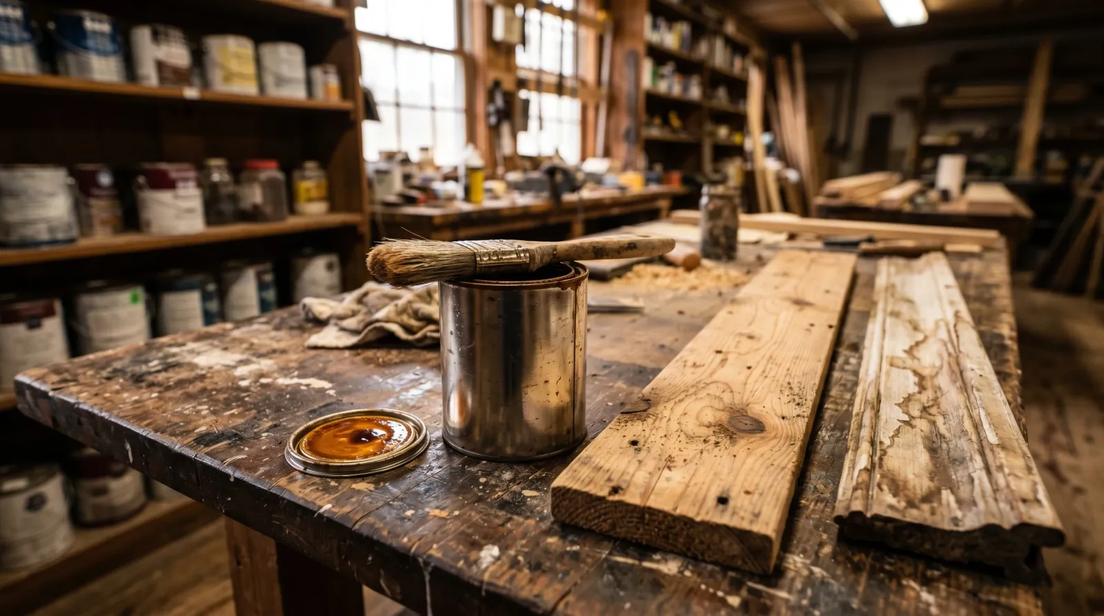 Open can of shellac primer on a workbench beside water-stained trim and a knotty pine board