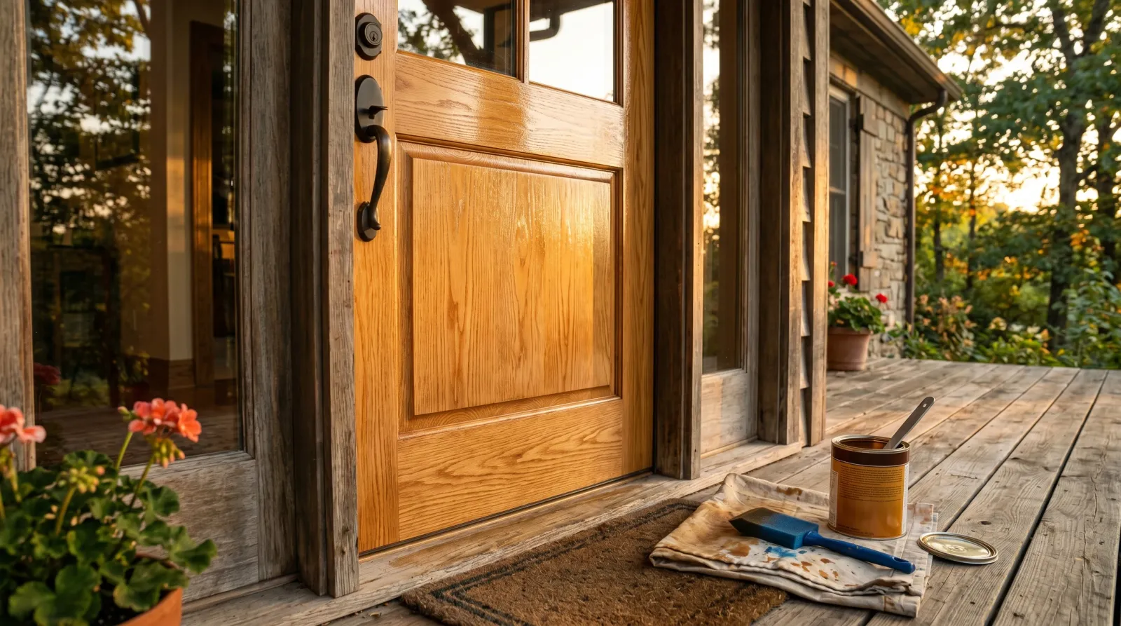 Sunlit wooden exterior door with a glossy clear finish, a foam brush and open finish can on a drop cloth